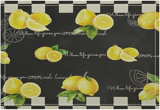 Vintage Lemon Placemat Set, Rustic Farmhouse Yellow Orange Fruit Leaves Black White Plaid Quotes Seamless Pattern Home Decor Linen Table Mats for Dining Room Kitchen Party (17x12in) x4P