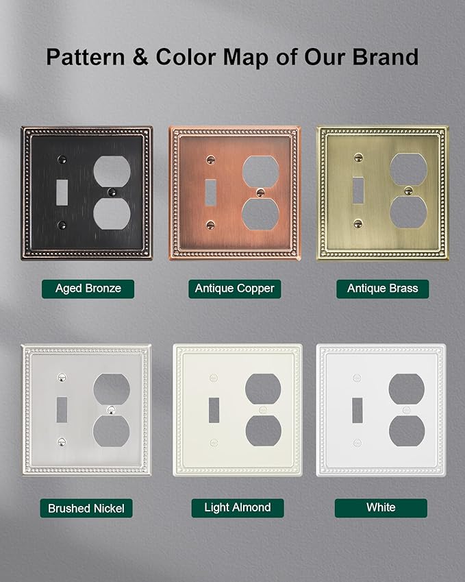 2-Pack Combo Toggle/Duplex Light Switch Cover Plate, Antique Copper Metal Wall Outlet Cover Plate, Decorative Classic Beaded Wall Socket Receptacle Cover for Electrical Outlets, Light Switch