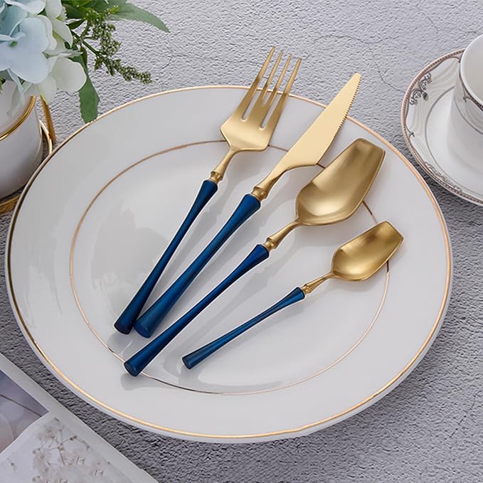 40 Piece Gold Silverware Set for 10，Durable 18/8 Stainless Steel Flatware Set Slim Waist Blue Handle Cutlery Set Utensils Include Spoons Knifes Forks Kitchen Wedding Restaurant
