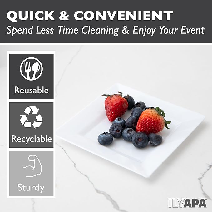Ilyapa 50 White Square Disposable Plates - 4.5" Inch, Plastic Disposable Mini Square White Plates, for Appetizers, Dessert, & Tasting