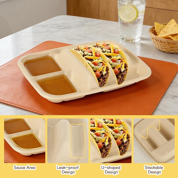 50 Pack Taco Plates Disposable With Dipping Sides - Biodegradable Cornstarch Taco Holder - Taco Stand for Taco Tuesday, Mexican Party, Picnics - Size Fit for 4-6 Inch Tortilla