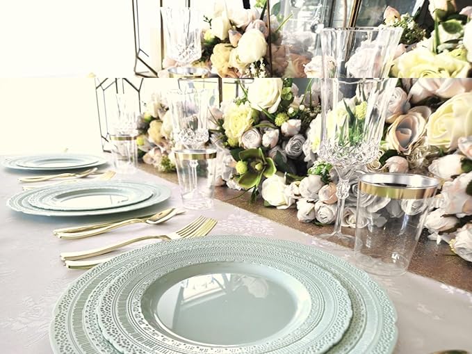" OCCASIONS " 200pcs set (25 Guests)-Extra Heavyweight Vintage Wedding Disposable/Reusable Plastic Plates -25x 11'' + 25x 8.25''+Silverware+Cups+Napkins (Chateau in Mint)