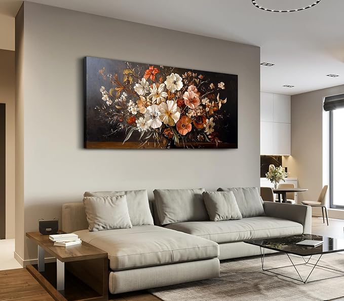 ADJUVANT Wall Art Vintage Floral Bouquet in Vase 60"L x 30"W, Flowers Canvas Painting Botanic Artwork Retro Blossoms Prints Graceful Floral Wall Decor for Living Room Bedroom Dining Room Home Office