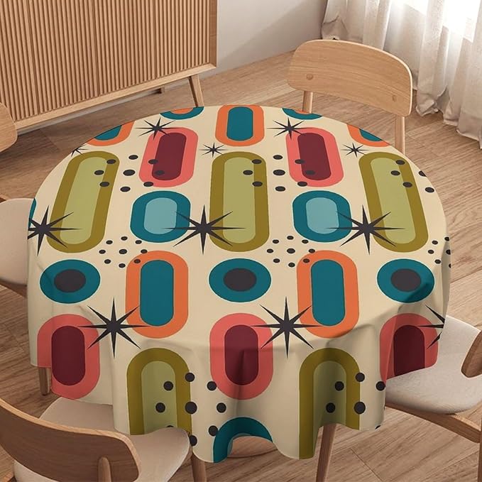 Mid Century Bohemian Round Tablecloth, Modern Medieval Geometric Abstract Print Tablecloth for Home Party Dining Room Kitchen Decor 50Inch(127cm)