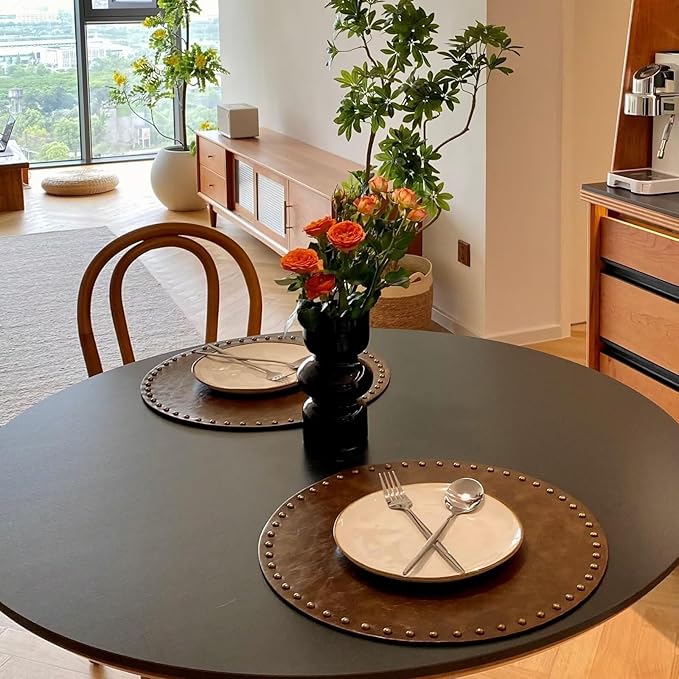 Round Placemats Set of 6, Waterproof Oilproof PU Place Mats, Heat Resistant Anti-Slip Faux Leather Table Mats for Indoor & Outdoor Use, Dark Brown