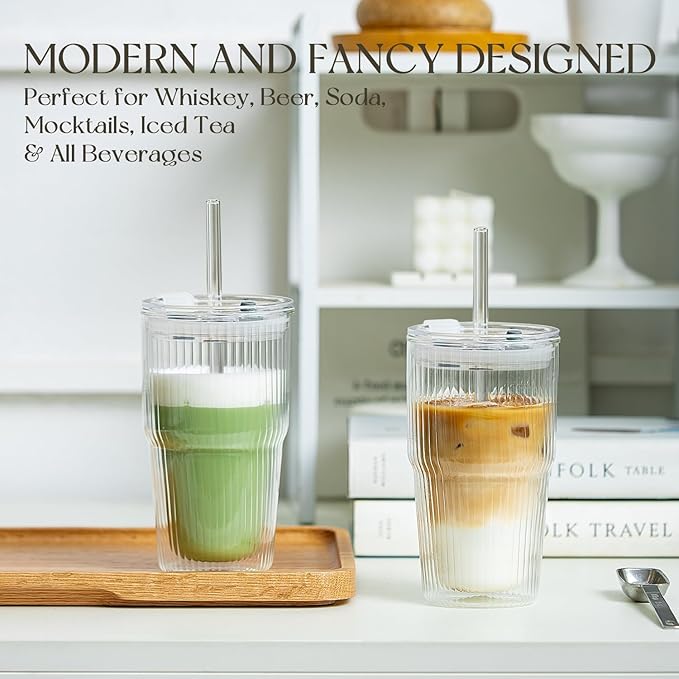 KEMORELA 16oz Ribbed Double Wall Glass Cups - Image 2