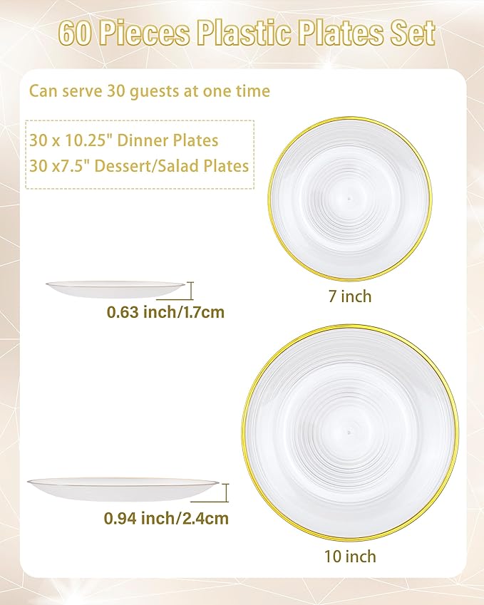 Morejoy 60Pcs Pearl White Plastic Plates,White Disposable Plates With Gold Rim,Heavy-duty Gold Plates, Modern swirl design Plate Include 30Clear Dessert-Platos,30Dinner-Platos for Party&Christmas