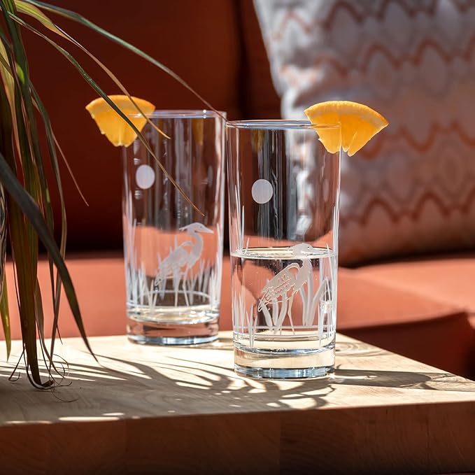 Rolf Glass Heron Highball Glass | 15oz Set of 4 Cooler Glasses | Lead-Free and Engraved | Drinking Glass with Heavy Base | Designed and Engraved in the USA | Coastal Bird Design