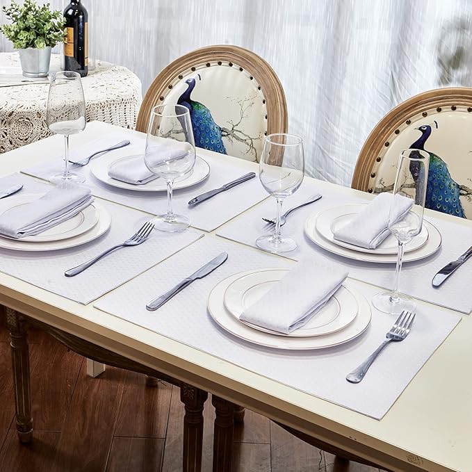 Place Mats Set of 8 – Rectangle Rectangular Waterproof Fabric Polyester Cloth Washable Wipeable Heat Resistant Placemats for Kitchen Dining Dinner Table Indoor 13 x 19 Inch White