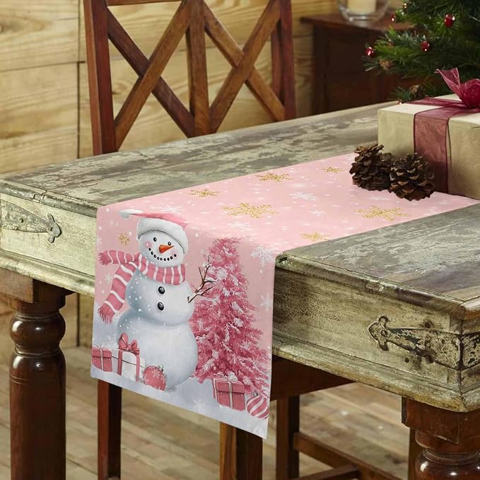 Pink Christmas Snowman Table Runners 90 Inches Long, Cotton Linen Fabric - Image 3