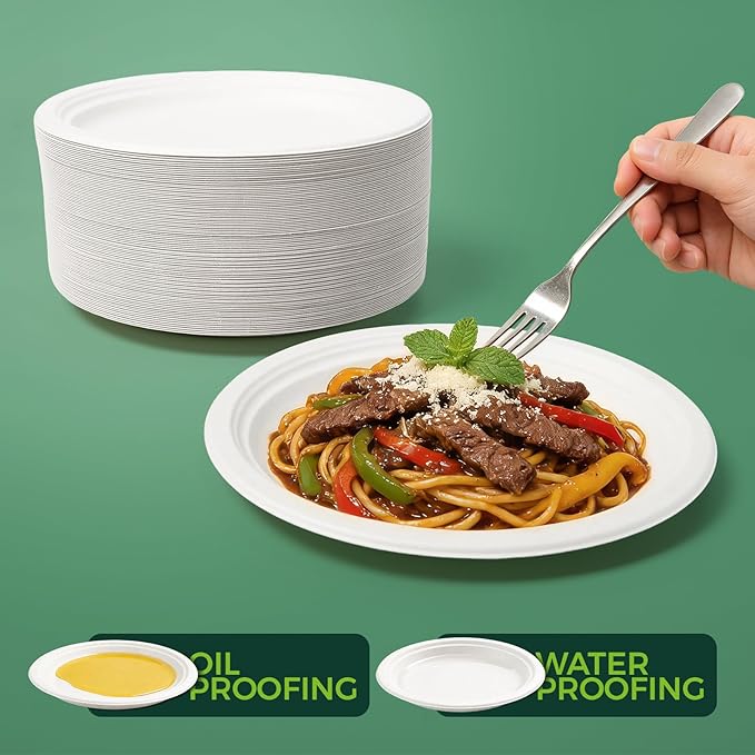 100% Compostable 7 inch Paper Plates, [125-Pack] Disposable Dessert Plates, (BPI Certified)-Heavy Duty, Eco-Friendly Small Paper Plates, Biodegradable Sugarcane Plates, white