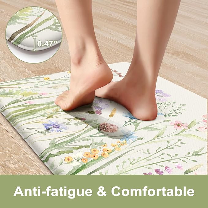 KIMODE Anti Fatigue Kitchen Mats for Floor, Farmhouse Floral Kitchen Rugs 20"x47"+20"x32", Non Slip Waterproof Kitchen Floor Mats, Comfort mats for Kitchen Floor, Sink, Laundry, Desk White