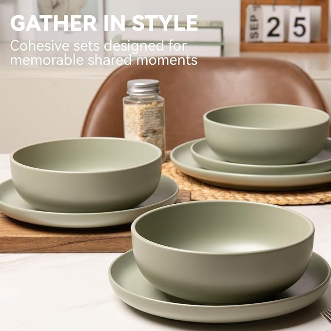 12-Piece Stoneware Dinnerware Set with Mugs | Microwave and Dishwasher Friendly | Stackable Matte Glaze Plates & Bowls | Service for 4