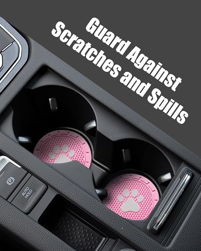 4 Pack Car Cup Coasters, Universal Dog Paw Print Non-Slip Silicone Cup Holder Inserts, Car Interior Accessories, Pink