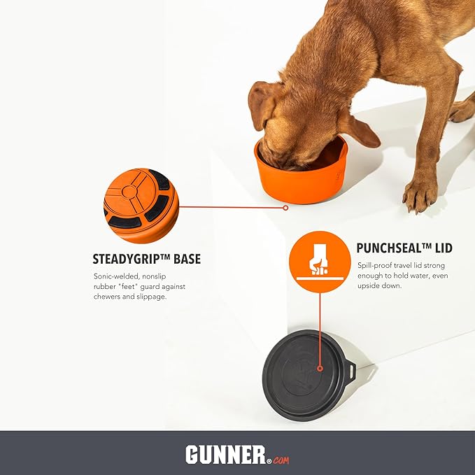 Dog Bowl with Spill-Proof Travel Lid – 7.5" x 3.75", 1.3 lb, 7-Cup Capacity, BPA-Free, Rust-Proof, Shock-Resistant, Stackable, Dishwasher Safe, Leak-Resistant Nesting Lid – Orange