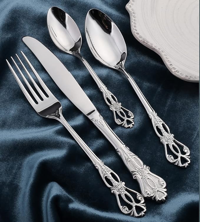 Silverware Set for 6 Stainless Steel Flatware Set Palace Style Hollow Relief Decoration 24 Piece Cutlery Utensils Include Knives Forks and Spoons Tableware Set for Home Kitchen Restaurant Party