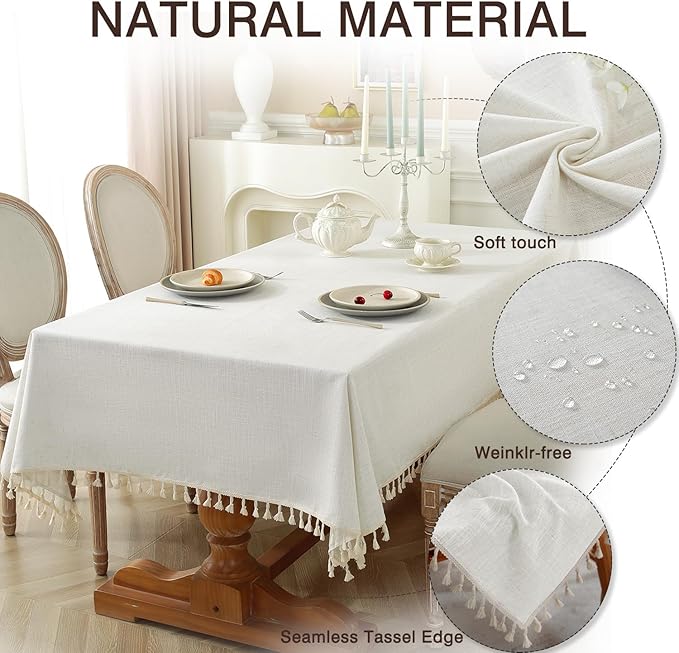 JIALE Textured Tablecloths, Heavy Duty Cotton Linen Farmhouse Table Cloth Rectangle Table, Waterproof Wrinkle-Free Rectangle Tablecloth for Kitchen, Dining, Parties, 55"x120", Ivory