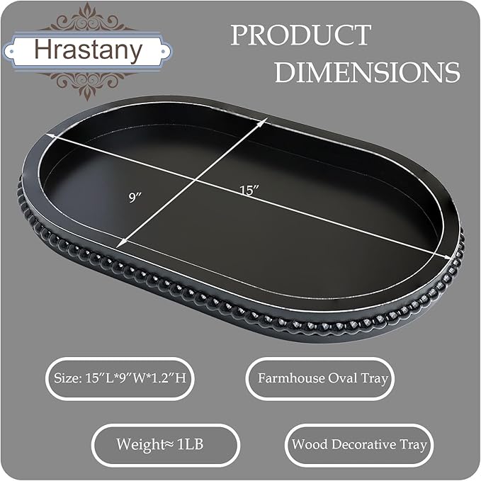 Black Oval Wood Decorative Ottoman Tray for Coffee Table Kitchen Counter, Living Room, Handcrafted Wooden Serving Tray for Table Centerpiece