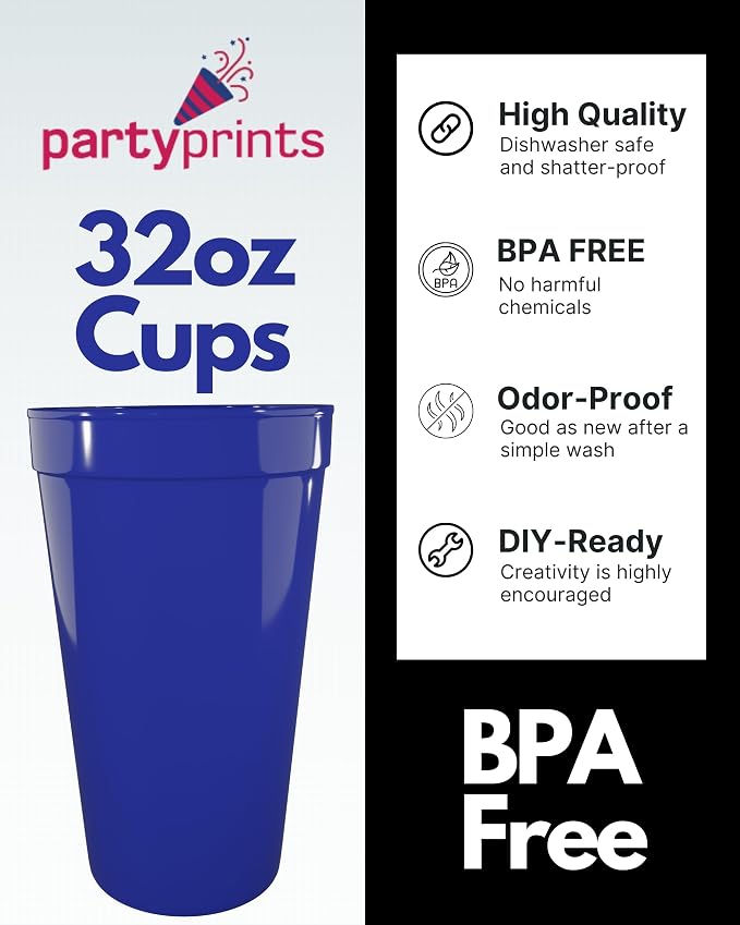 PartyPrints 100 Pack 32 oz Royal Blue Reusable Blank Plastic Cups, Colored - Image 2