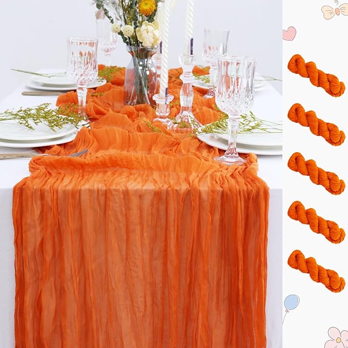 FUHSY Orange Cheesecloth Table Runner Bulk 5 Pack 10FT Rustic Cheese Cloths Fall Table Decoration Rustic Theme Gazue Table Runners for Wedding Reception Burnt Orange Halloween Runners for Tables
