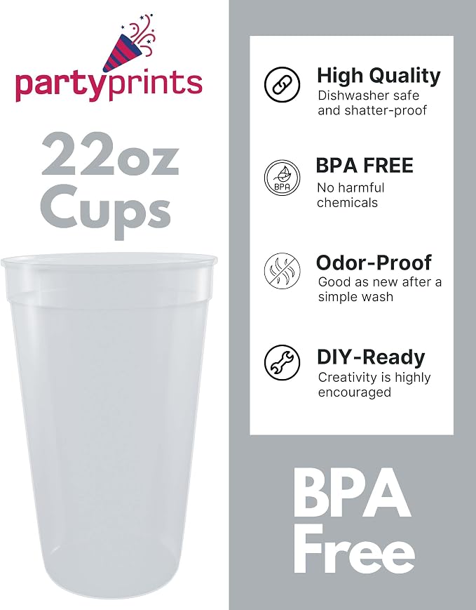 PartyPrints 10 Pack 22 oz Clear Reusable Blank Plastic Cups, Colored Plastic - Image 2