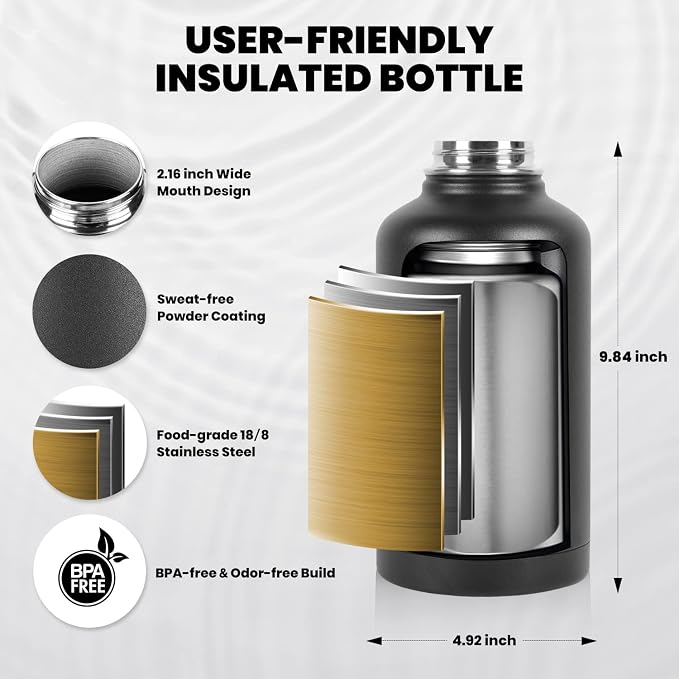 RAYMYLO Insulated Water Bottle 64 oz, Triple Wall Vacuum Stainless Steel | - Image 5