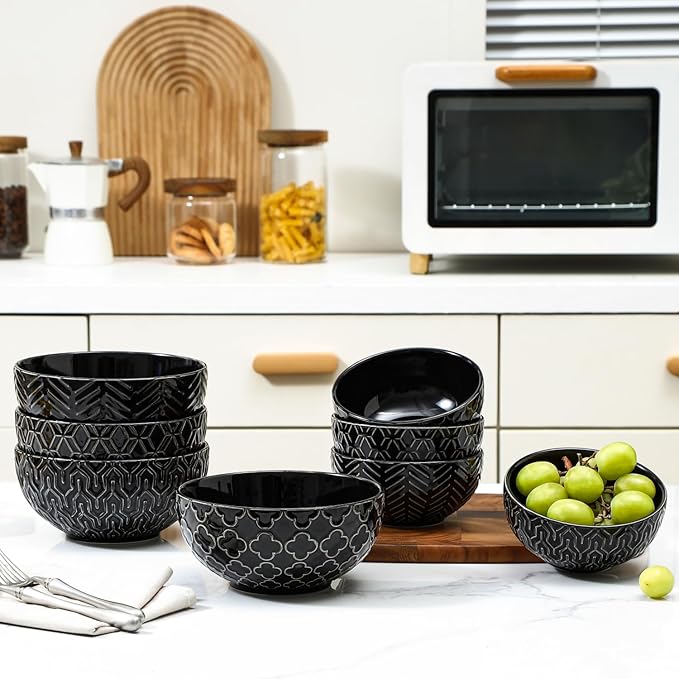 Sureasy Ceramic Cereal Bowls Set of 4, 5.9 Inch Deep Soup Bowls for Kitchen, 25 oz Embossed Stoneware Bowls for Pasta, Salad, Oatmeal, Noodle, Ramen, Microwave Dishwasher Safe, Set of 4, Black