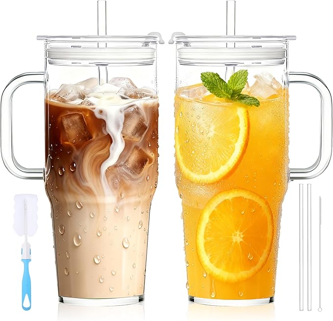 Birity 2Pack 40OZ Glass Tumbler by 24ozRibbedGlassCup