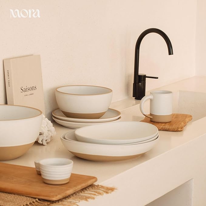 MORA Large Plates Set of 4, 10.5 inch Ceramic Pottery Dinner Plates - Microwave, Oven and Dishwasher Safe - Oat