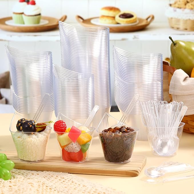 150 Pack Clear Plastic Dessert Cups with Tasting Spoons, Appetizer Cups Yogurt Parfait Bowls with Spoons for Party Supplies Catering Chocolate Desserts Buffet Food Display (5 oz)