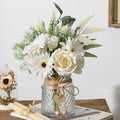 Artificial White Flowers with Vase, Fake Flowers Arrangement for Home Decor, Faux Flowers for Farmhouse Coffee Table Decor, House Kitchen Centerpiece Table Decorations