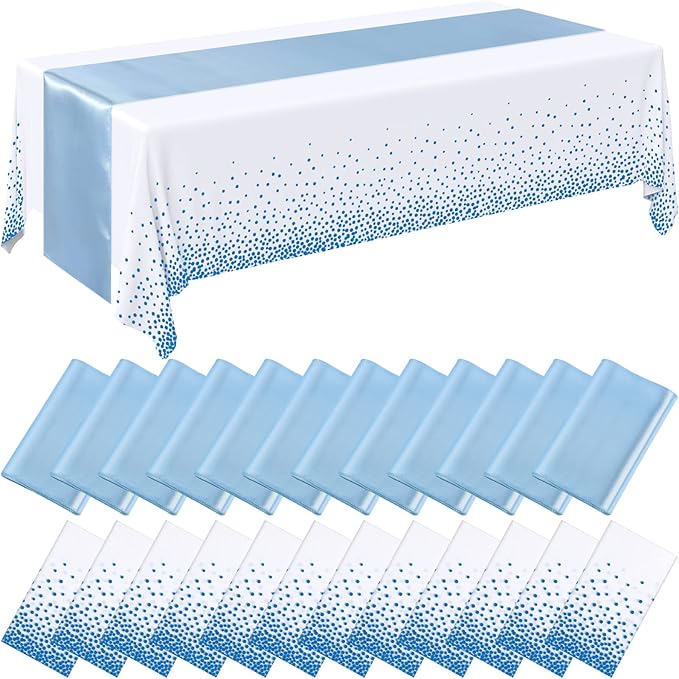 Breling 24 Packs Baby Blue and White Disposable Plastic Tablecloths and Satin Table Runner Set, 54 x 108 Inch Tablecloth, 12 x 108 Inch Table Runners for Wedding Graduation Birthday Baby Shower