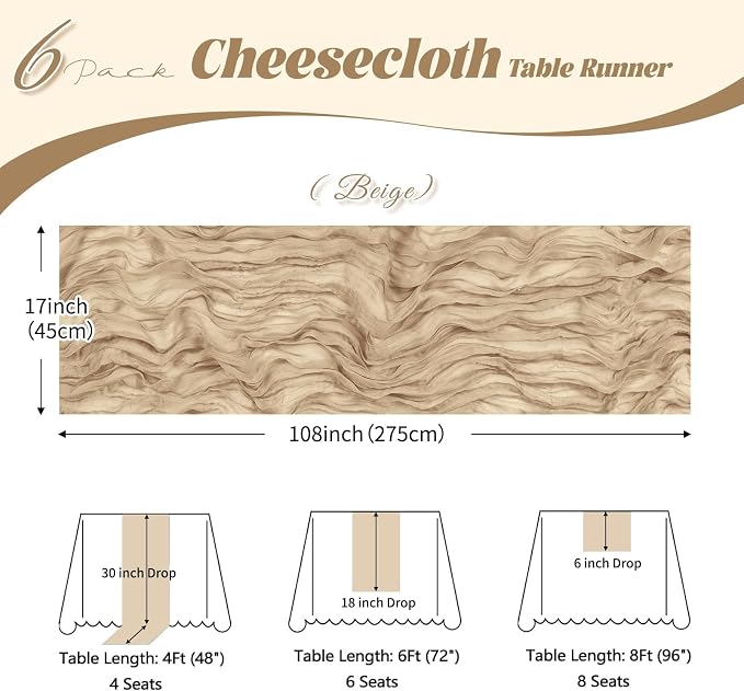 6 Pack Beige Cheesecloth Table Runner, 17 x 108 inch, Semi Sheer Boho Cheese - Image 3
