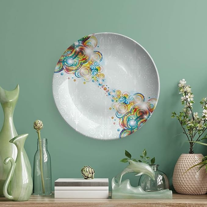 Decorative Plates, Abstract Print Ornament, Modern Design Rainbow Waves Circles Patterned, 6 Inch, Kitchen Wall Decor, Multicolor
