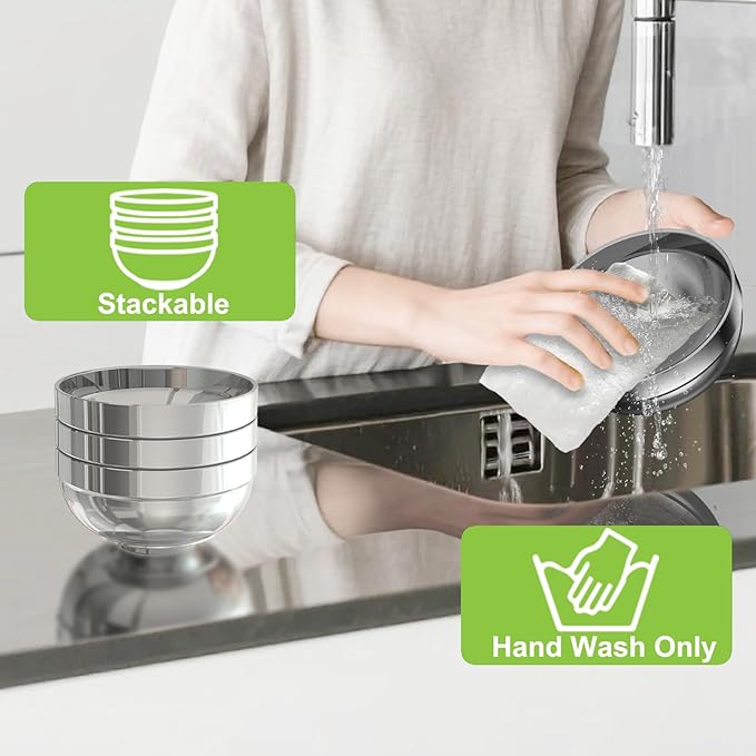 Stainless Steel Bowls, 4 Pack 5.9in 20.6oz 610ml Medium SUS304 Double Wall Insulated Stackable Metal Cereal Bowl Containers for Dishes Eating Serving Snacks Ice Cream Soup Food Rice Salad