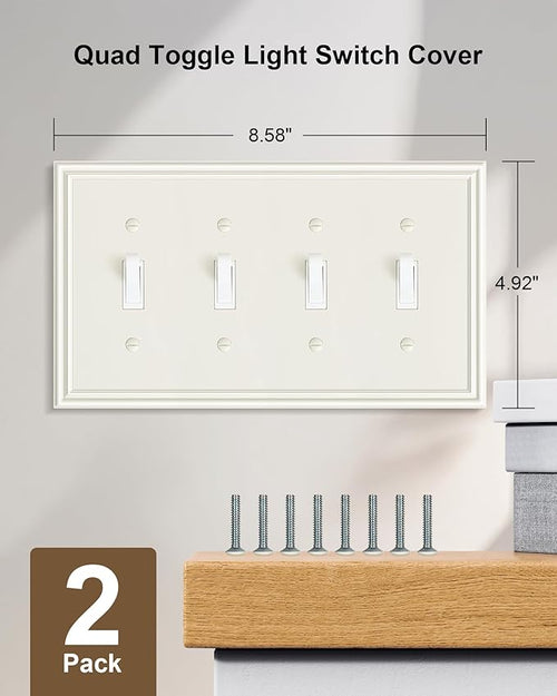 2-Pack Quad Toggle Light Switch Cover Plate, Durable Zinc Alloy Decorative Switch Plate Covers, Light Almond 4 Gang Switch Plates, Corrosion Resistant