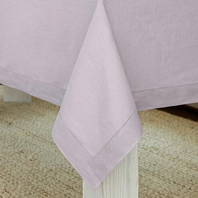 Solino Home Lilac Linen Tablecloth 60 x 120 Inch - 100% Pure Linen Hemstitch Table Cloth for Rectangle Tables - Classic Hemstitch, Machine Washable Tablecloth for Valentines, Spring, Easter