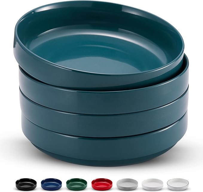 KooK Pasta Bowl, Bowl Plate, Low Bowl, Plate Bowls, Ceramic Large Shallow Bowls, Microwave and Dishwasher Safe, Great for Soups and Salads, Glossy Porcelain, 47 oz, Set of 4, Teal