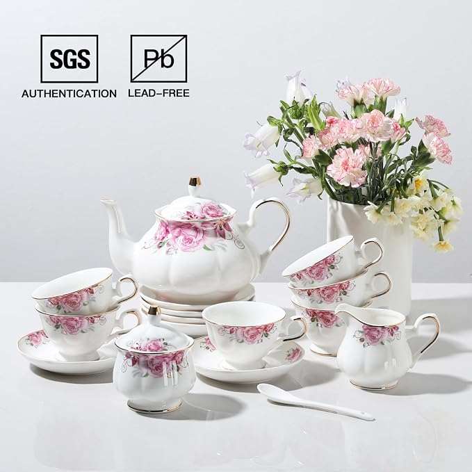 Sweejar Porcelain Tea Set Vintage Floral, British Relief Gold Rim Teapot Cup - Image 3