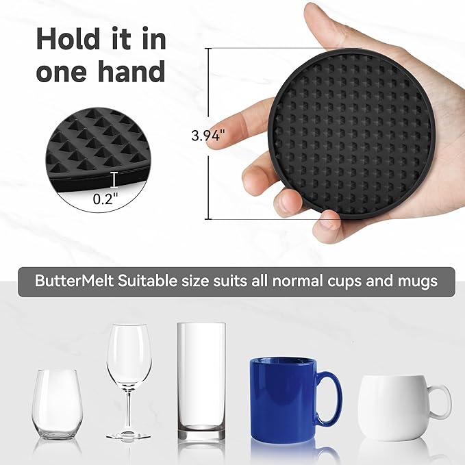 Coasters for Drinks, Silicone Coasters Set of 6 with Metal Holder, Outdoor Coaster for Coffee Table, Non-Slip Rubber Table Cup Mat Desk, Heat Resistant & Scratch-Proof (Black)
