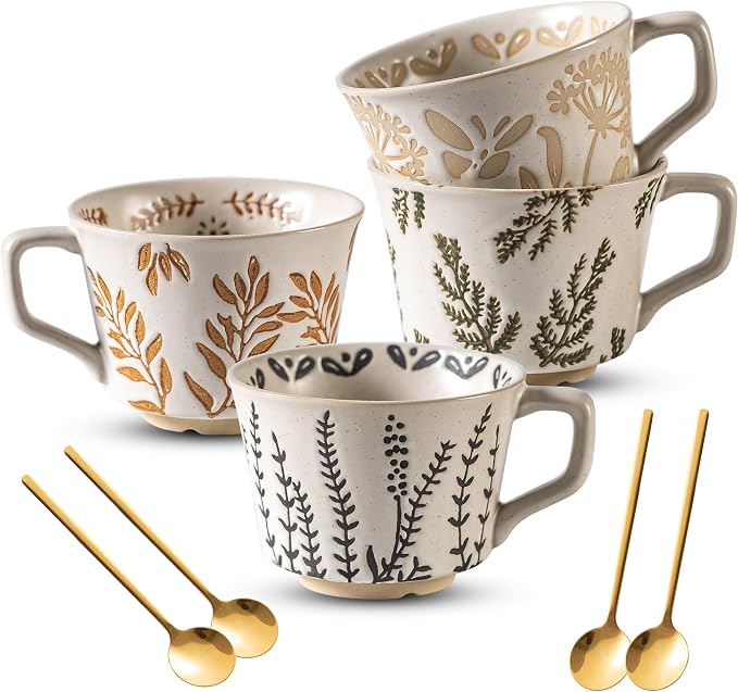 Ceramic Mugs 11 oz Unique Luxurious Cups Set of 4 by Noevany