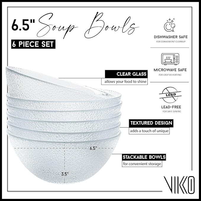 Vikko Soup Bowls, 6.5 Inch Salad Bowls, Glass Soup Bowls, Elegant Textured Glass Bowls, Set of 6, Dishwasher Safe