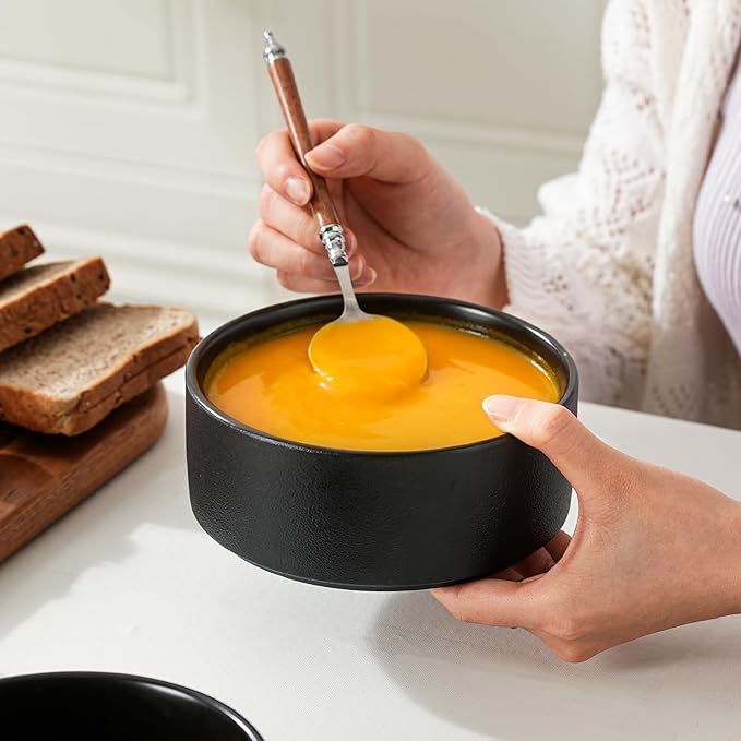 Stoneware Cereal Bowls Set of 4, 6 Inch Deep Bowl for Oatmeal, Soup, Ceramic Bowls Sets, Microwave Safe, Dishwasher Safe, Versatile for All Seasons, Matte Black