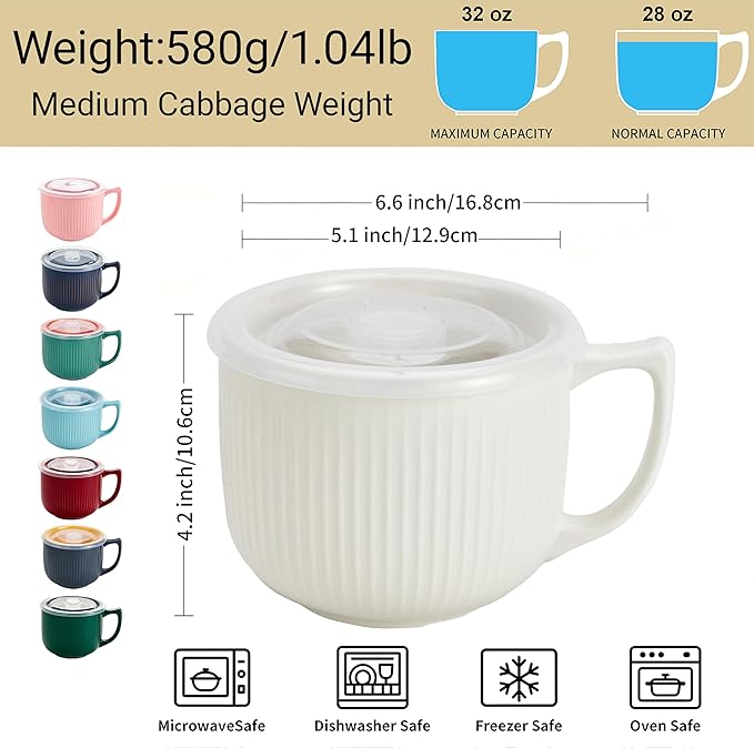 Ceramic Soup Bowl with Handle & Lid, 32oz Microwave Ramen Bowl Set of 2 | White - Image 3