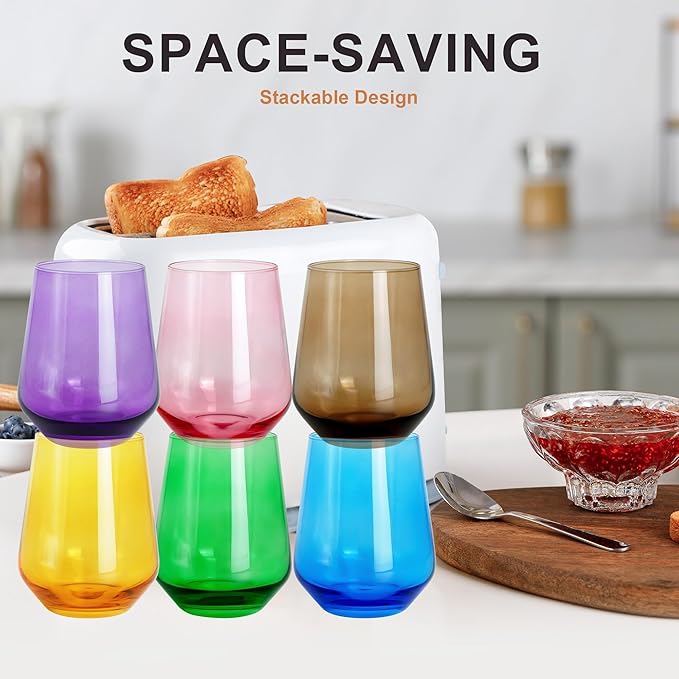 Multi Colored Stemless Wine Glasses Set of 6, 15oz Drinking Glassware Dishwasher Safe, Wine Glass Tumblers for Red or White, Gift for Party, Holiday, Anniversary, Restaurant, Bar, Daily Use