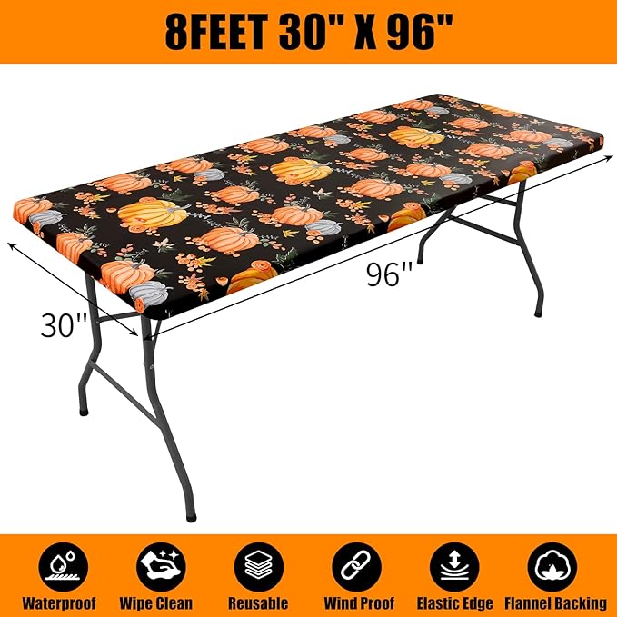 Smiry Plastic Thanksgiving Tablecloth, Pumpkin Waterproof Elastic Fitted Table Covers for 8 Foot Tables, Wipeable Flannel Backed Vinyl Tablecloths for Autumn Harvest, Parties (Black, 30x96 Inches)