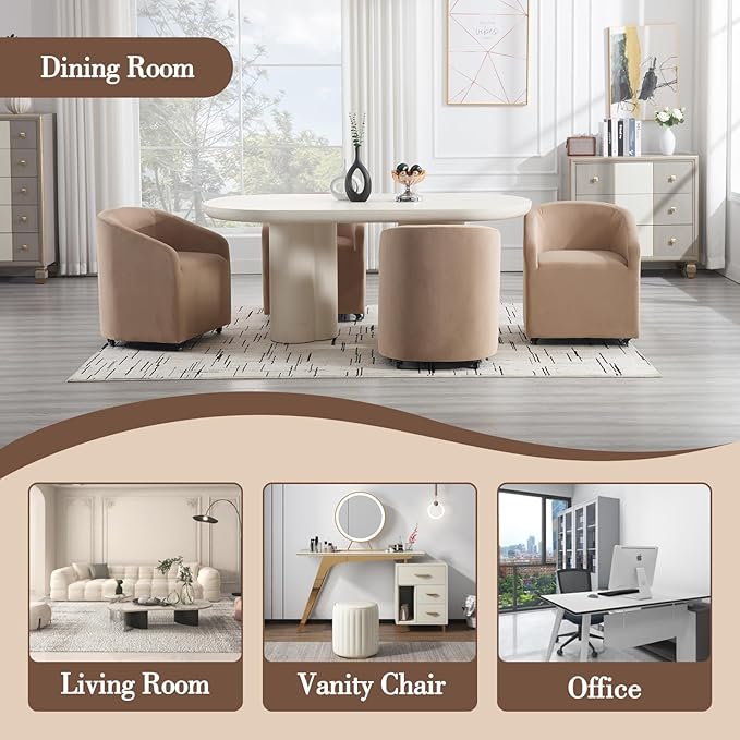 Modern Barrel Dining Chair with Rolling Casters, Upholstered Velvet Swivel Dining Room Chair with Wheels for Kitchen Living Room Home Office, Khaki