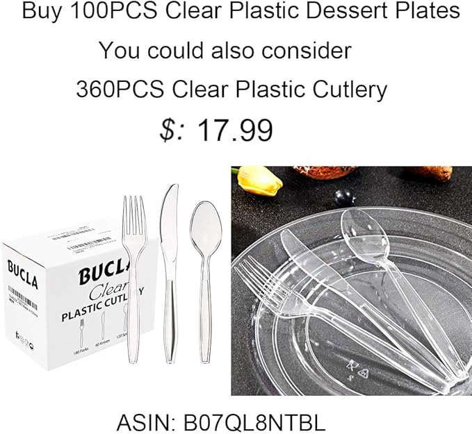 bUCLA 100Pieces Clear Plastic Plates - 6.25inch Premium Hard Disposable Salad/Dessert/Appetizer/Small Cake Plates for Wedding& Party