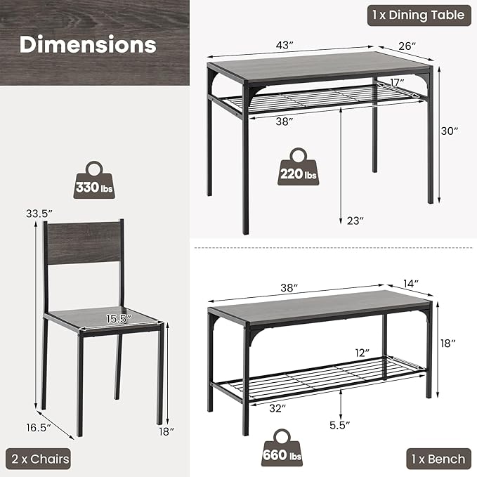 NAFORT Kitchen Table Set for 4, Space-Saving 4-Piece Dining Table Set with Bench and 2 Chairs, Industrial Rectangular Dining Room Set with Storage Shelves for Apartment, Kitchen&Dining, Restaurant