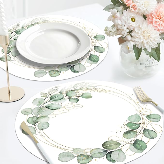 50PCS Eucalyptus & Gold Disposable Paper Placemats 13.5 Inch Spring Summer Round Eucalyptus Leaves Table Mats for Weddings, Bridal Showers & Modern Dining